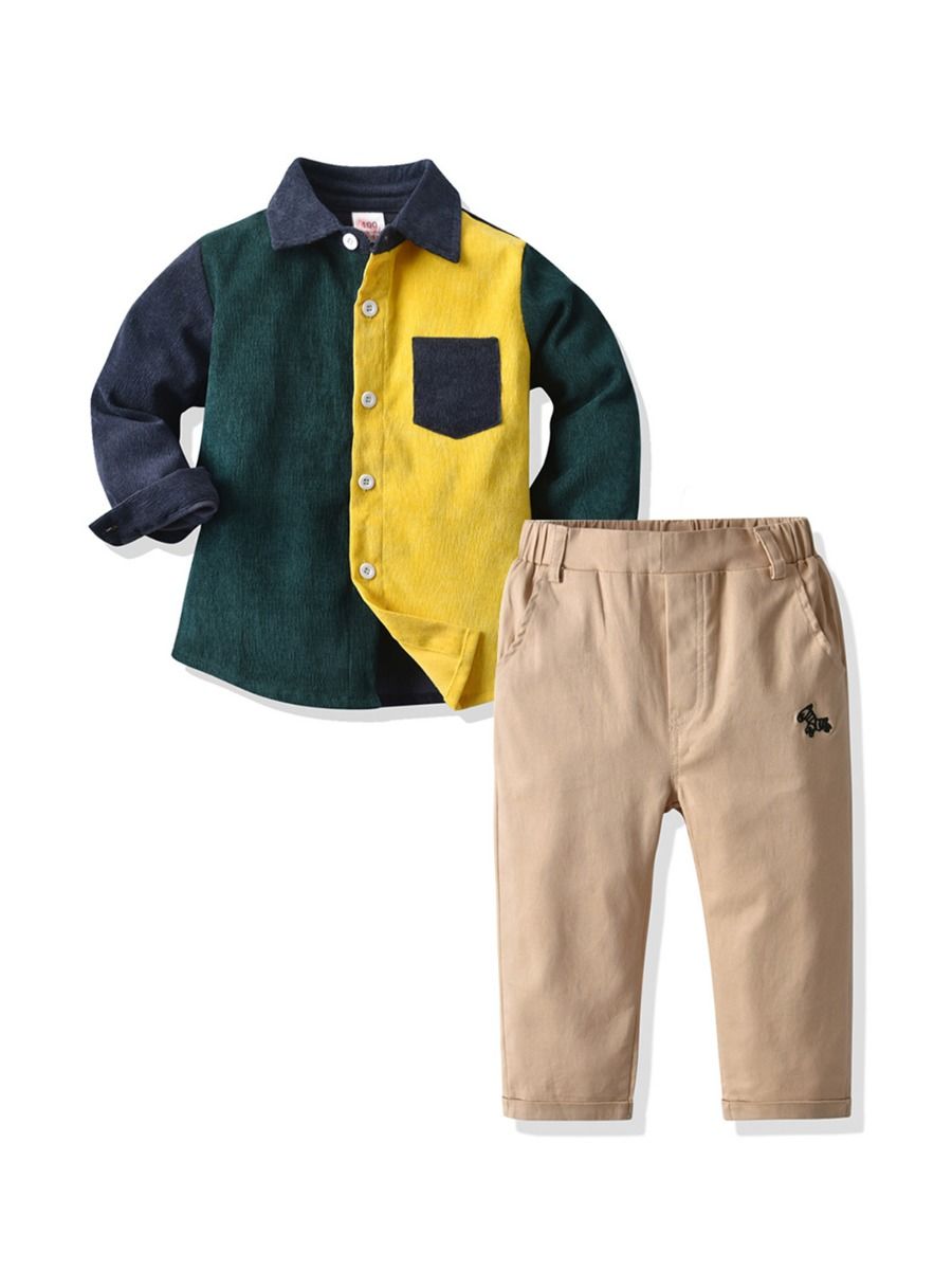 2 Pieces Kid Boy Corduroy Colorblock Shirt Matching Trousers Set 2