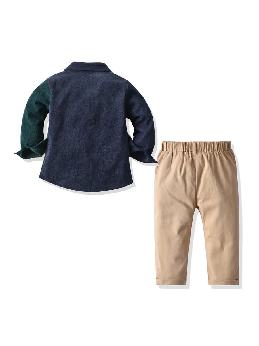 2 Pieces Kid Boy Corduroy Colorblock Shirt Matching Trousers Set
