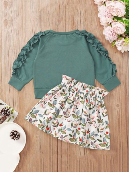 2 Pieces Baby Girl Outfit Ruffle Top & Floral Skirt