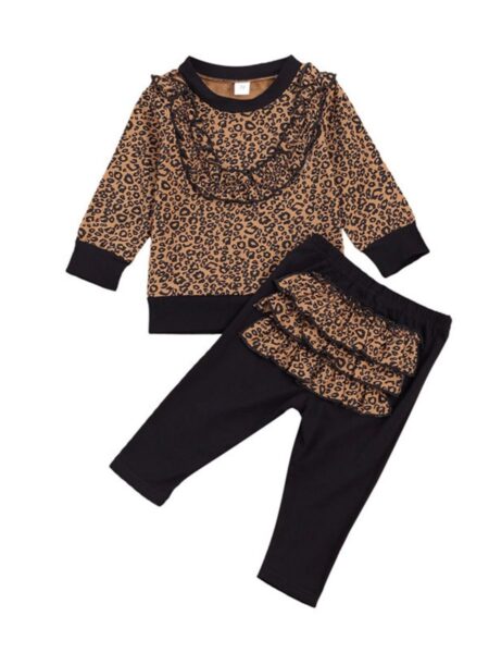 2-Pieces Baby Girl Leopard Set Frill Trim Top & Trousers 2