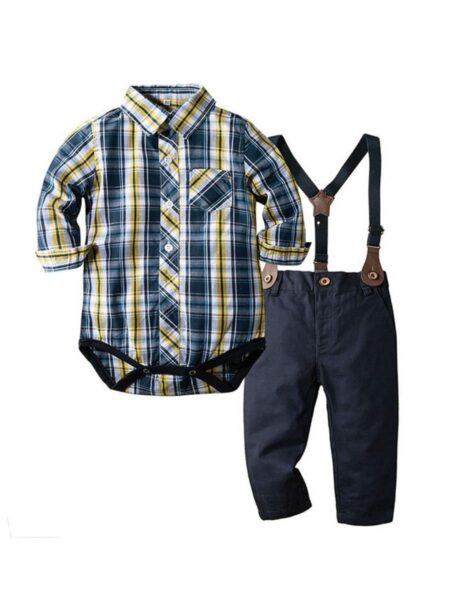 2 Pieces Baby Boy Outfit Plaid Shirt Bodysuit With Suspender Trousers 2