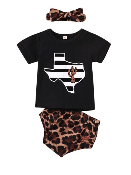 3 Pieces Baby Girl Set Black Tee & Leopard Shorts & Headband 2