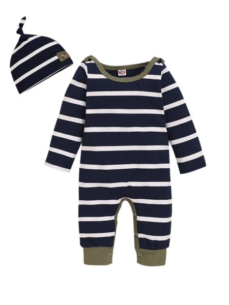 2 Pieces Infant Stripe Jumpsuit Matching Hat 2