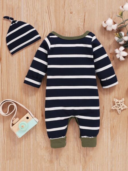 2 Pieces Infant Stripe Jumpsuit Matching Hat