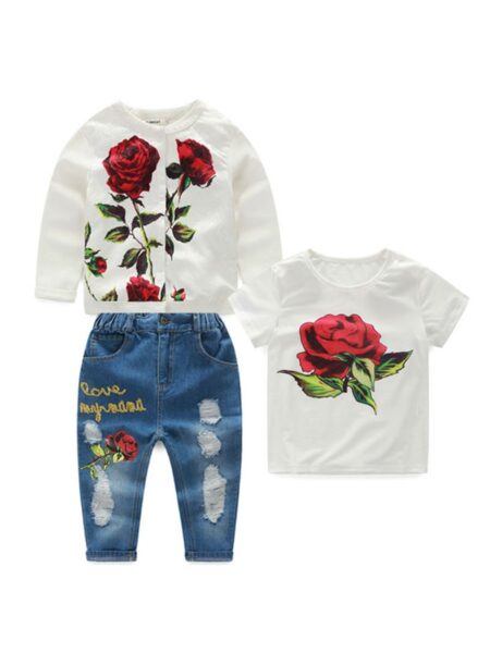 3 Pieces Kid Girl Flower Set Tee & Jeans & Cardigan 2