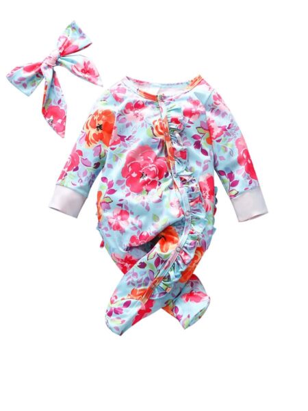 2 Pieces Infant Girl Ruffled Zippered Flower Footie And Headband 2