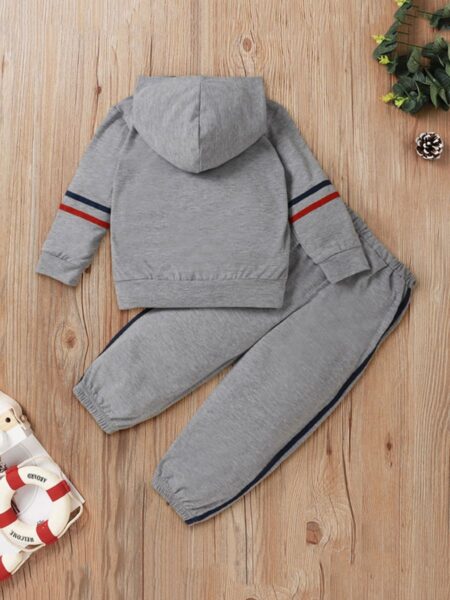 2-Piece Kid Gray Planet Striped Print Set Hooded Sweatshirt And Pants