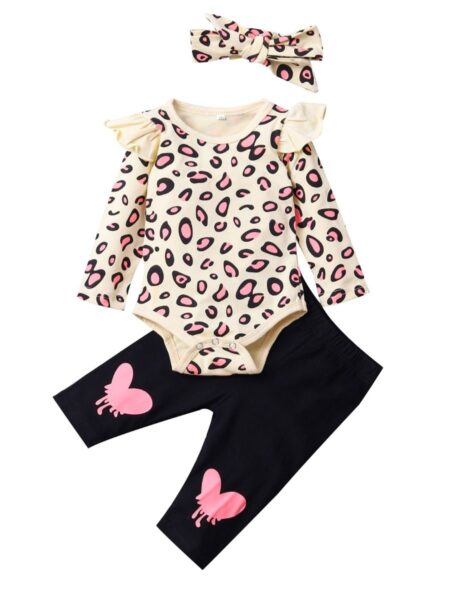 3 Pieces Baby Girl Leopard Bodysuit & Love Heart Pants & Headband Set 2