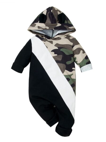 Spring Baby Color Block Camouflage Hooded Jumpsuit 2