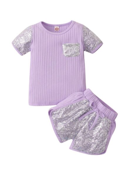 Two Pieces Summer Toddler Kid Girl Ribbed Sequins Set Top And Shorts 2