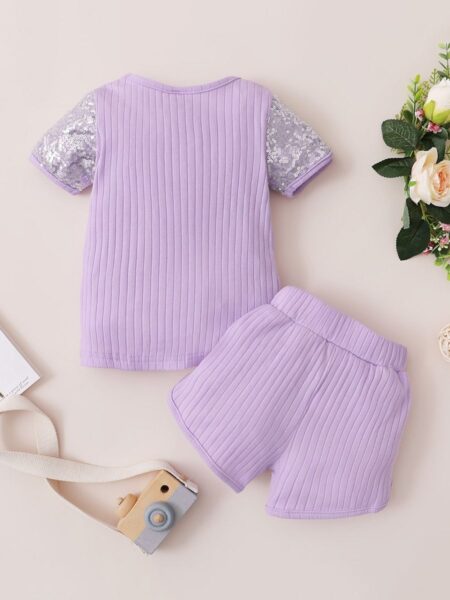 Two Pieces Summer Toddler Kid Girl Ribbed Sequins Set Top And Shorts