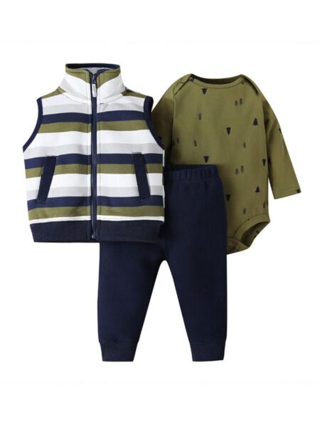 3-Piece Baby Boy Tree Bodysuit & Striped Vest & Pants Set Wholesale 2