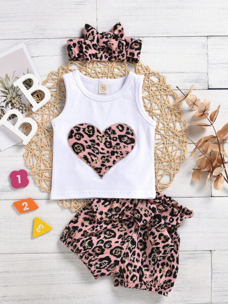 3 PCS Baby Girl Love Heart Floral Leopard Set Tank Top & Belted Shorts & Headband Set 2