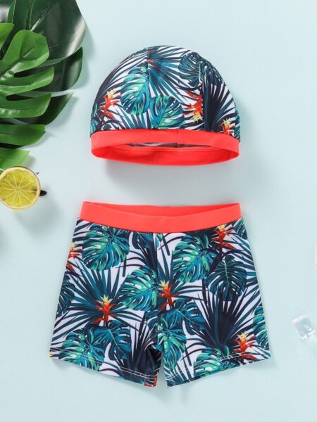 Leaf Print Boy Swimming Beach Shorts And Hat Set