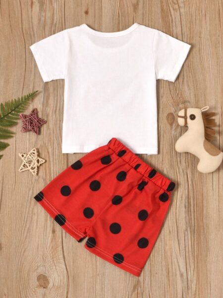 Two Pieces Baby Girl Ladybug Print Set Top And Polka Dots Shorts