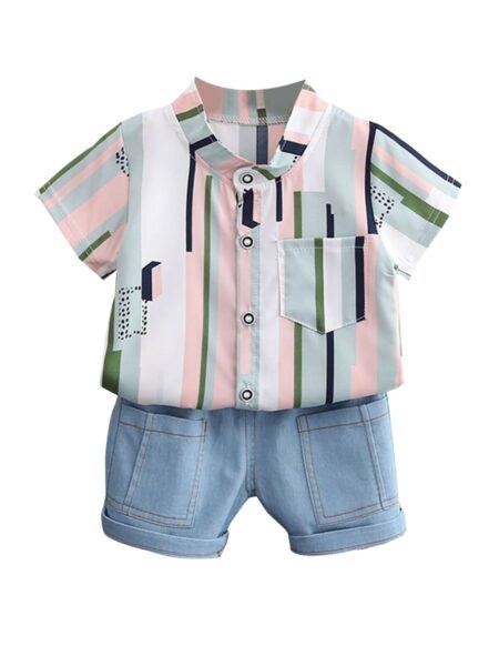 2 PCS Toddler Boy Graphic Set Shirt & Denim Shorts - Wholesale Baby Clothing Wholesale Kids Clothes