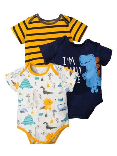 3-Pack Infant Boy Letter & Stripe & Dinosaur Print Onesies - Wholesale Baby Clothing Wholesale Kids Clothes