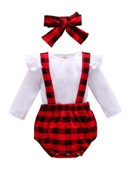 3 Pieces Infant Girl Solid Onesies & Plaid Suspender Shorts & Headband Set 2