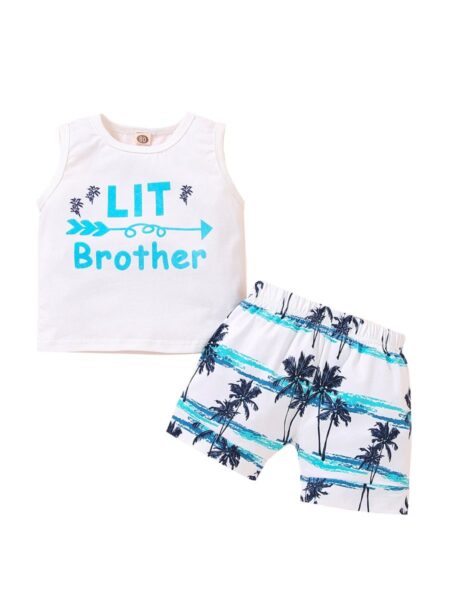 Two Pieces Infant Boy Outfit Lit Brother Tank Top With Coconut Tree Print Shorts Wholesale - Wholesale Baby Clothing Wholesale Kids Clothes