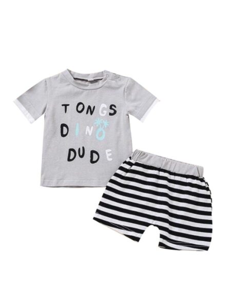 2-Piece Baby Boy TONS DINO DUDE Print Top Matching Stripe Shorts Outfit Wholesale - Wholesale Baby Clothing Wholesale Kids Clothes