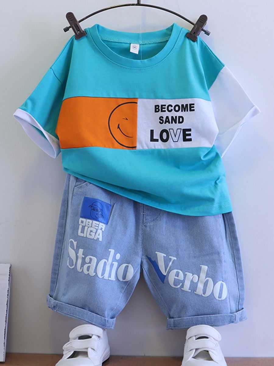Two Pieces Letter Print Kid Boys Sets T-Shirt With Denim Shorts – Akidstar