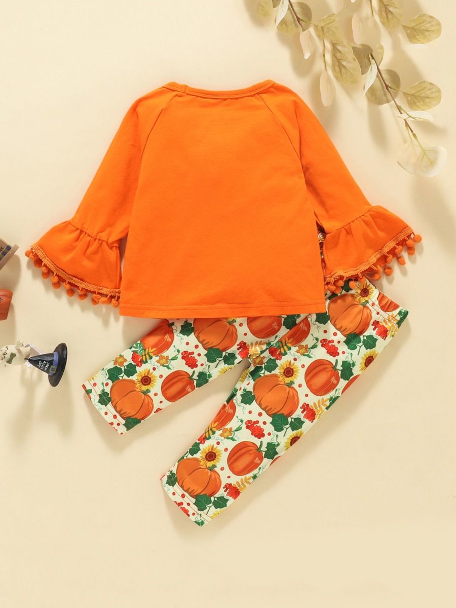 Two Pieces Pumpkin Print Baby Girl Halloween Outfits Pom Pom Trim Top And Pants