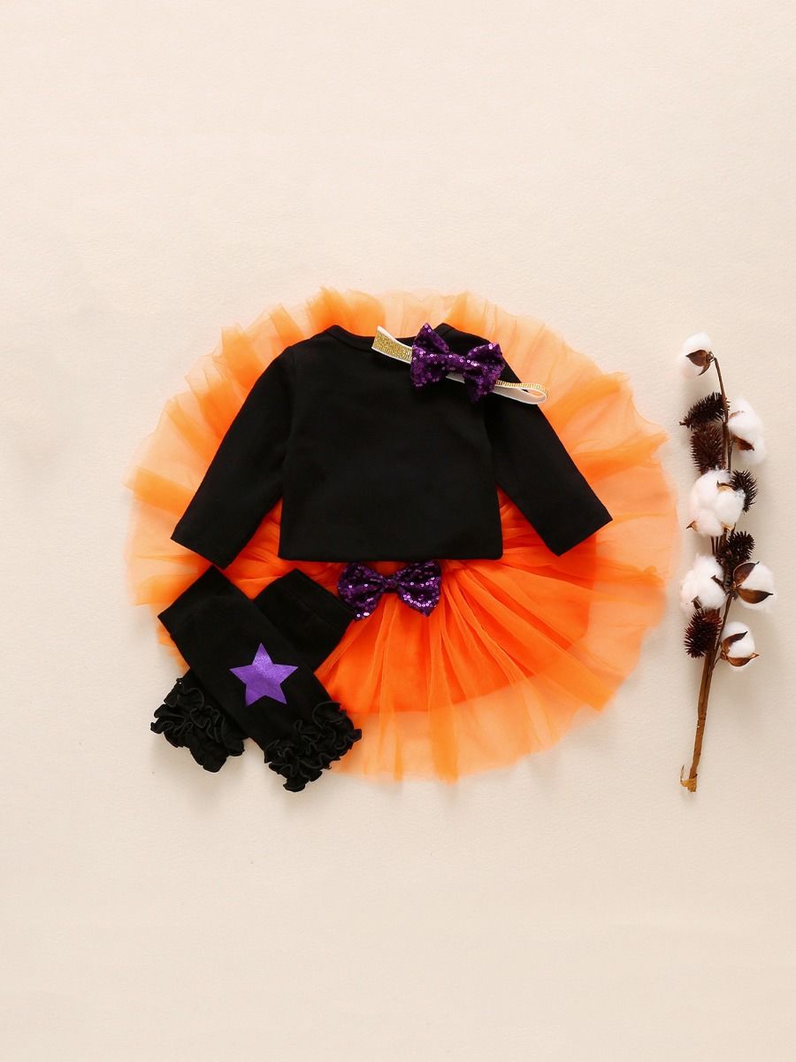 4 Pieces It’s Just A Bunch of Hocus Pocus Baby Girls Sets Bodysuit Mesh Skirt HeadbMatching Leg Warmers  Wholesale