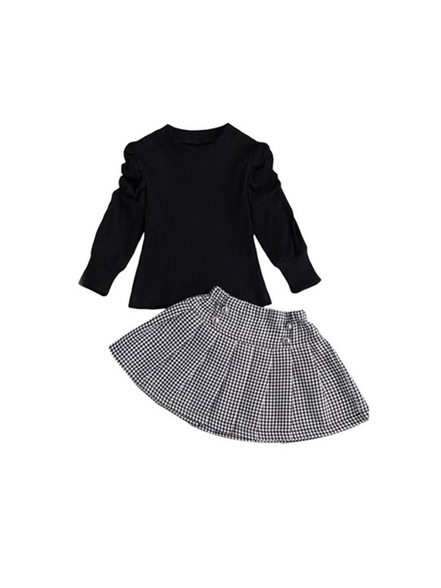 Girls Ribbed Long Sleeve Top With Houndstooth Pleated Skirt Little ...