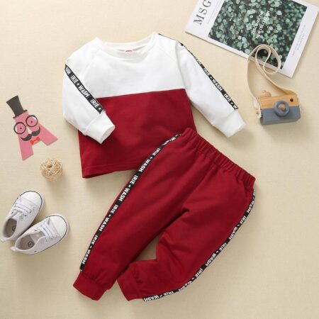 Toddler Boys Red and White Color Matching Ribbon Pullover Long Sleeve Set Wholesale