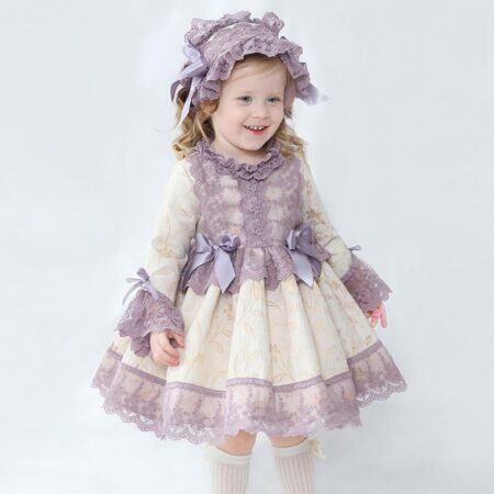 Girl Long Sleeve Flower Embroidery Lace Bow Princess Dress  Wholesale 2