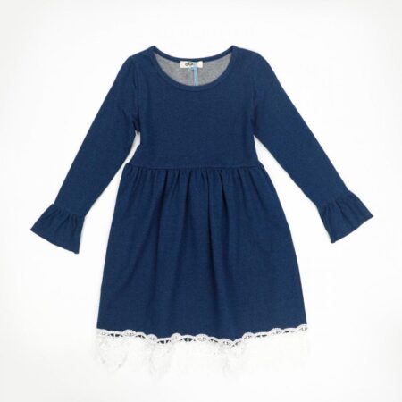 Girls Spring and Autumn Long Sleeve Lace Denim Princess Dress Wholesale Clothing For Girls