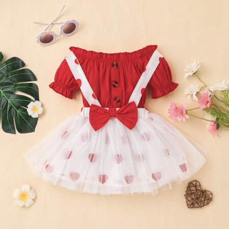 Pure Color Button Decor T-Shirt Heart Printing Mesh Bowknot Suspender Skirt Wholesale Girls Skirt Sets  Wholesale