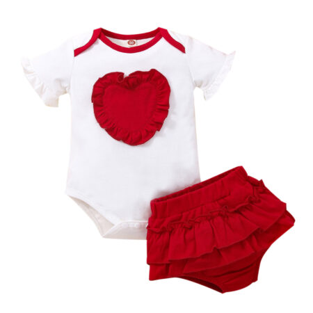 Short Sleeve Heart Pattern Bodysuit Pure Color Shorts Wholesale Baby Girl Outfit Sets  Wholesale 2