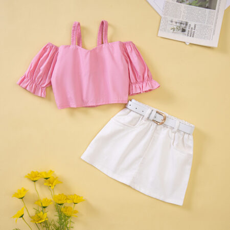 18months-6years Toddler Girl Sets 2022 Summer Western-Style Girls New Suit Pink Suspender Top & Denim Skirt Wholesale