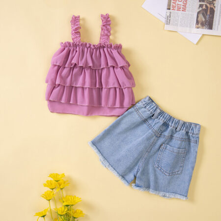 18months-6years Toddler Girl Sets Summer Girl’s New Suit Cute Lace Suspender Top & Denim Shorts Wholesale