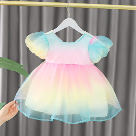 9M-5Y Wholesale Girls Clothes Yellow Bow Gradient Color Puff Sleeve Dress Wholesale - Wholesale Baby Clothing Wholesale Kids Clothes