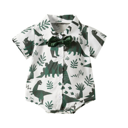 0-18M Dinosaur Print Buttoned Lapel Short Sleeve Romper Wholesale - Wholesale Baby Clothing Wholesale Kids Clothes
