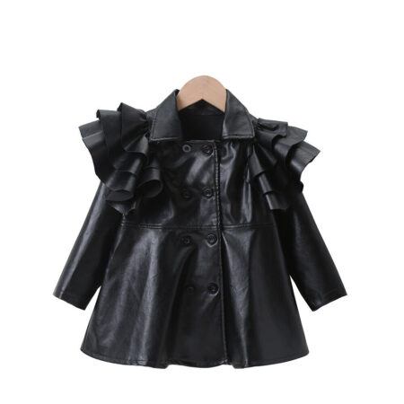 18M-6Y Toddler Girls Black Ruffle Trim Double-Breasted PU Leather Jacket Wholesale - Wholesale Baby Clothing Wholesale Kids Clothes