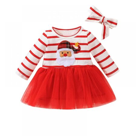 Christmas Long Sleeve Bodysuit Baby Striped Patchwork Mesh Skirt Wholesale Baby Dress - Wholesale Baby Clothing Wholesale Kids Clothes