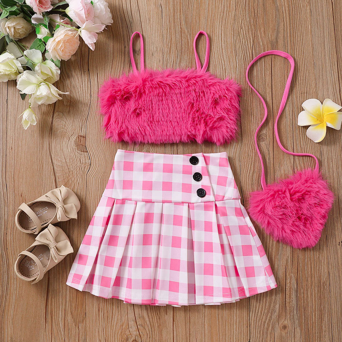 2-8Y Kids Girls Sets Furry Suspender Top And Plaid Skirt Kids Wholesale ...